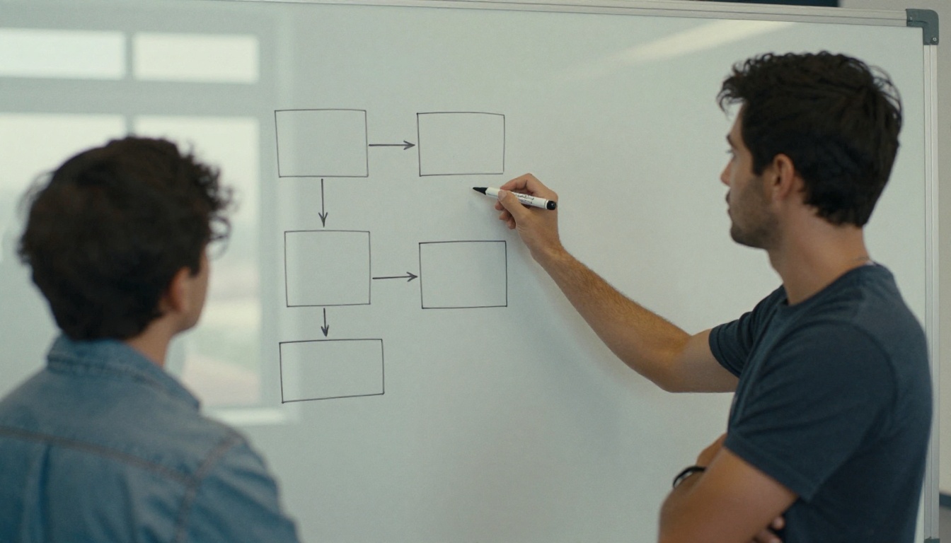 Two engineers sketching boxes and arrows on a whiteboard