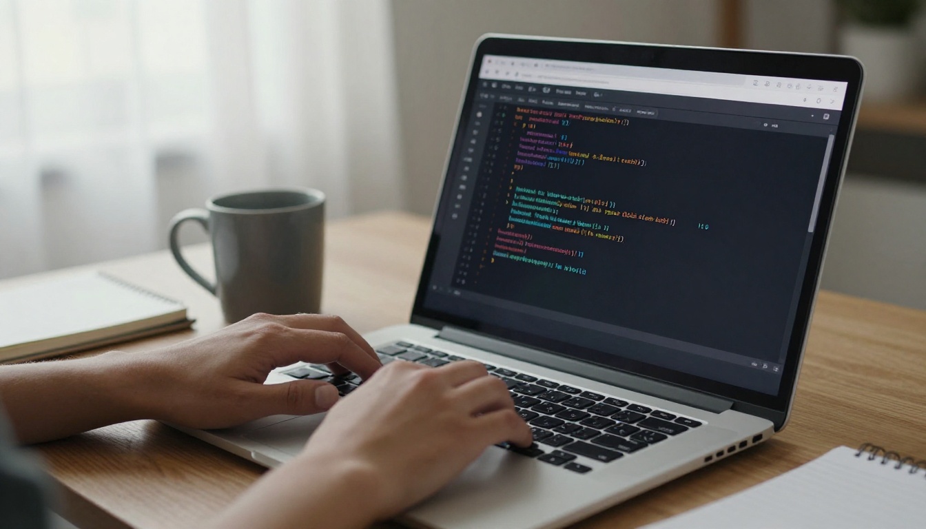 Developer's hands typing server code on a laptop with a browser preview pane open