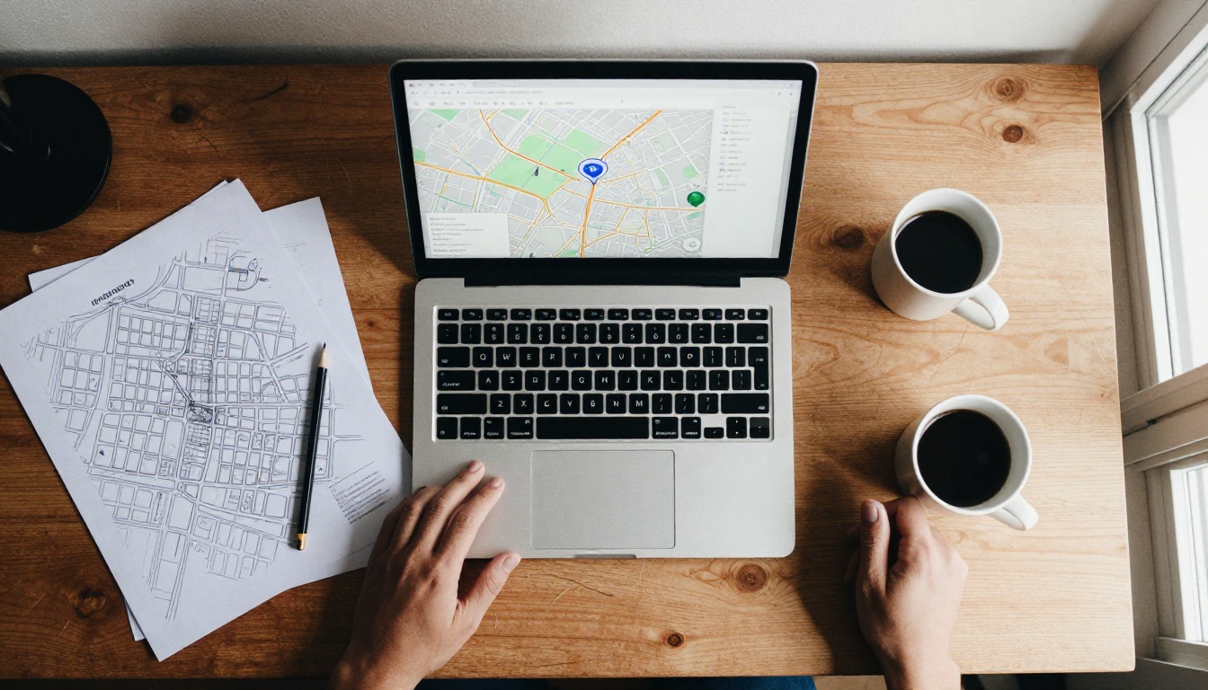 Laptop showing an interactive map next to a paper street map and a wireframe sketch