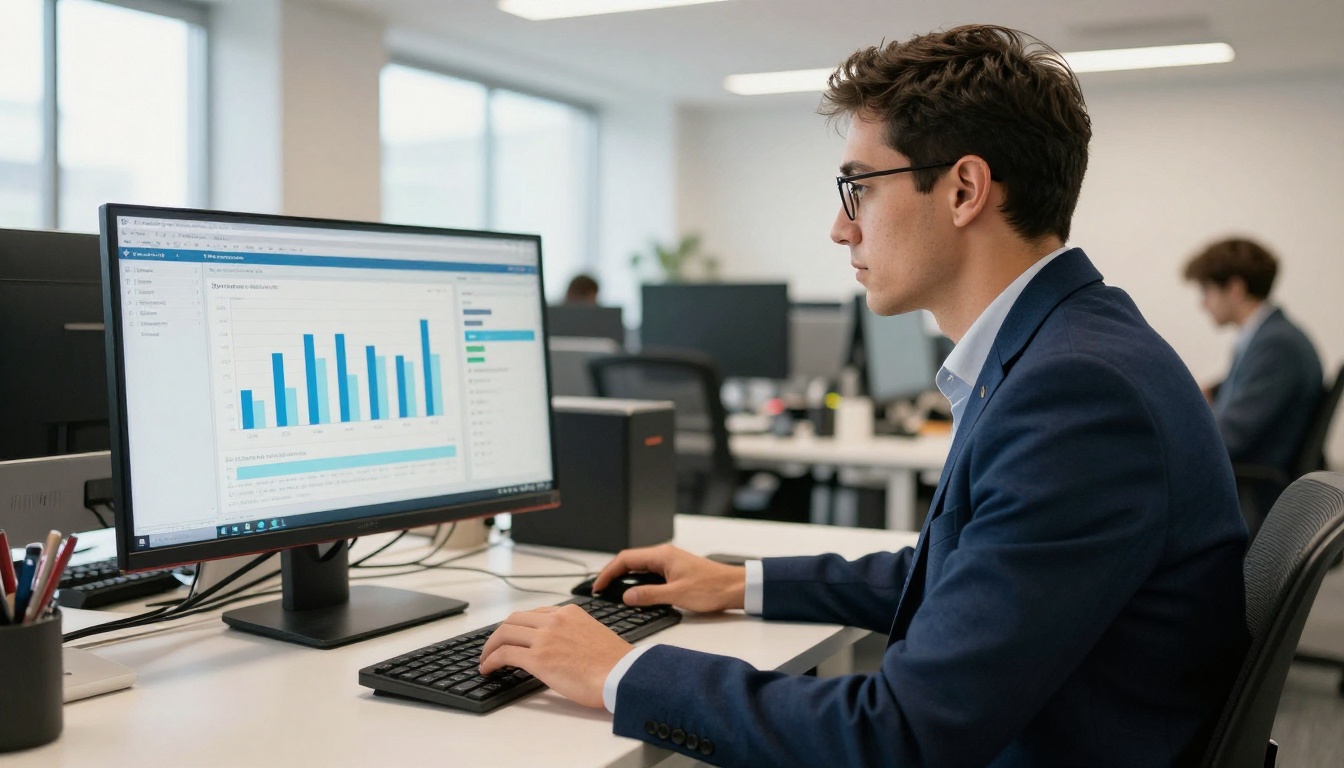 Product manager at a standing desk reviewing a bar chart dashboard with a filter menu