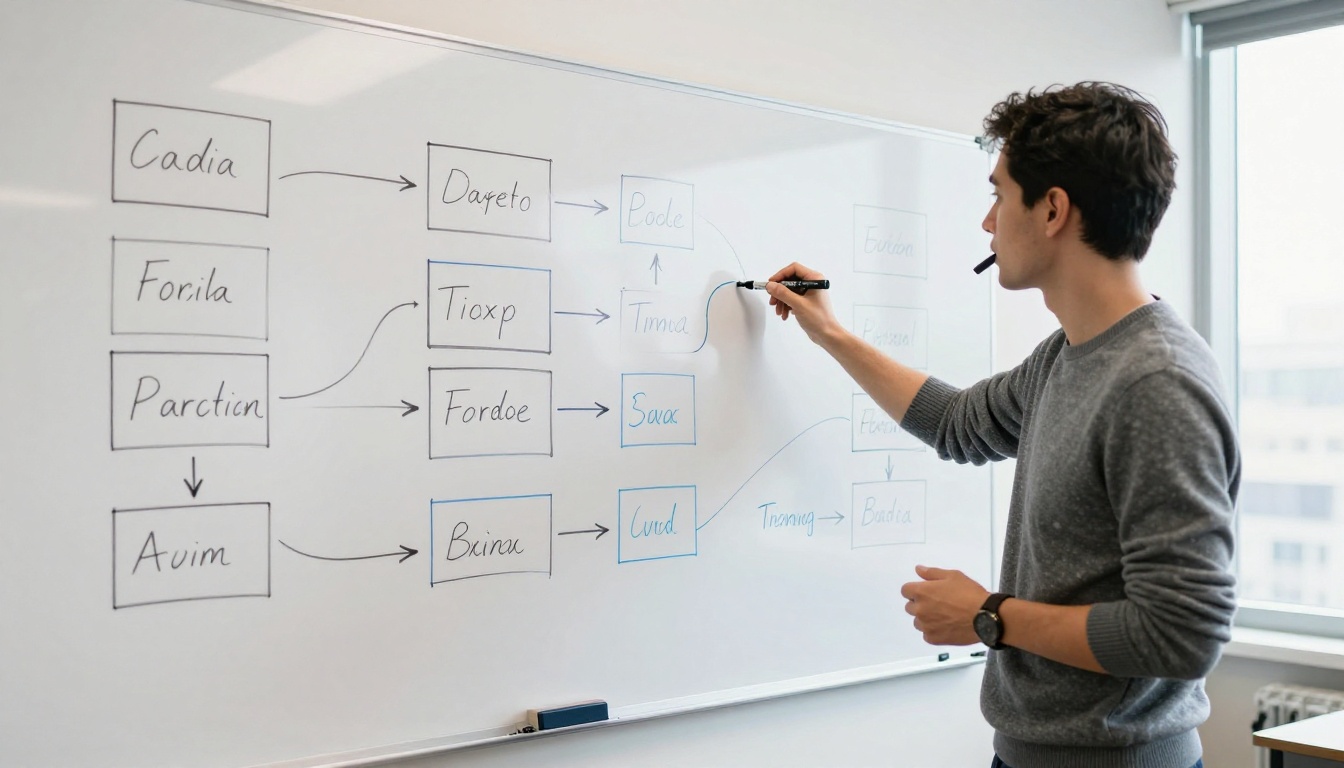 A developer at a bright whiteboard filled with hand-drawn boxes and arrows, planning an MCP protocol change