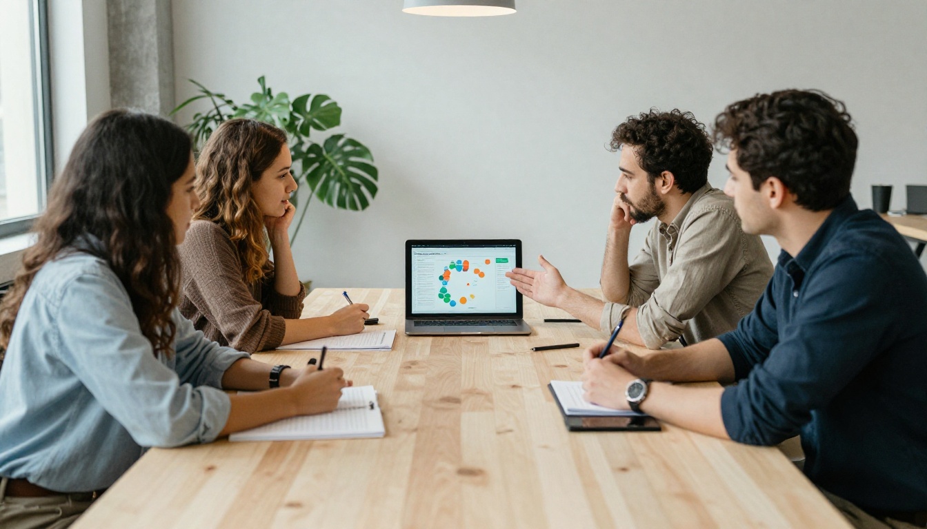 Four colleagues around a laptop reviewing a scatter chart of customer groups