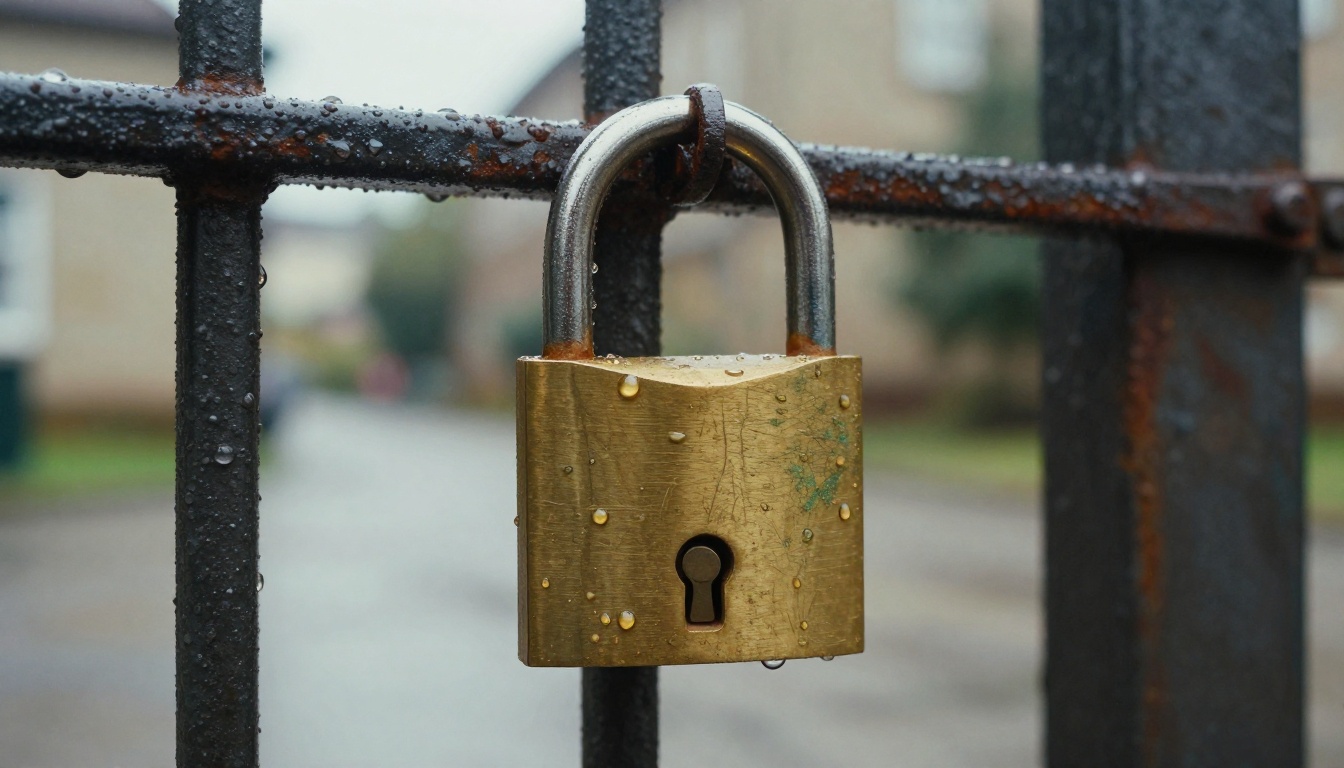 A weathered brass padlock on a rusted latch of an old oak gate with raindrops on the metal