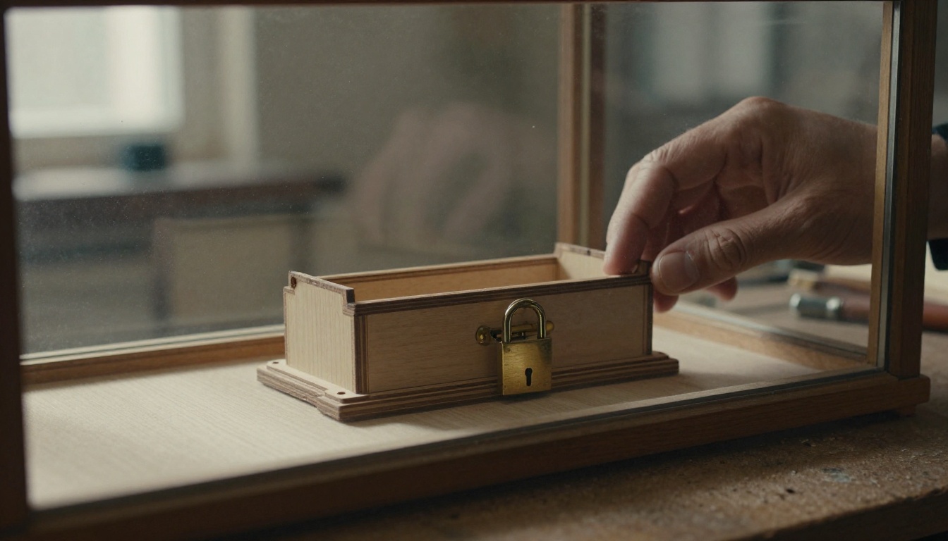 Glass-fronted display case holding a small wooden architectural model on a workshop bench