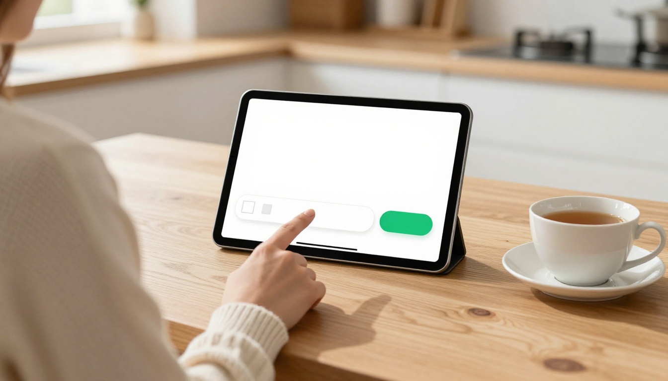 A woman at a sunlit kitchen table about to tap a confirm button on a tablet showing a simple form
