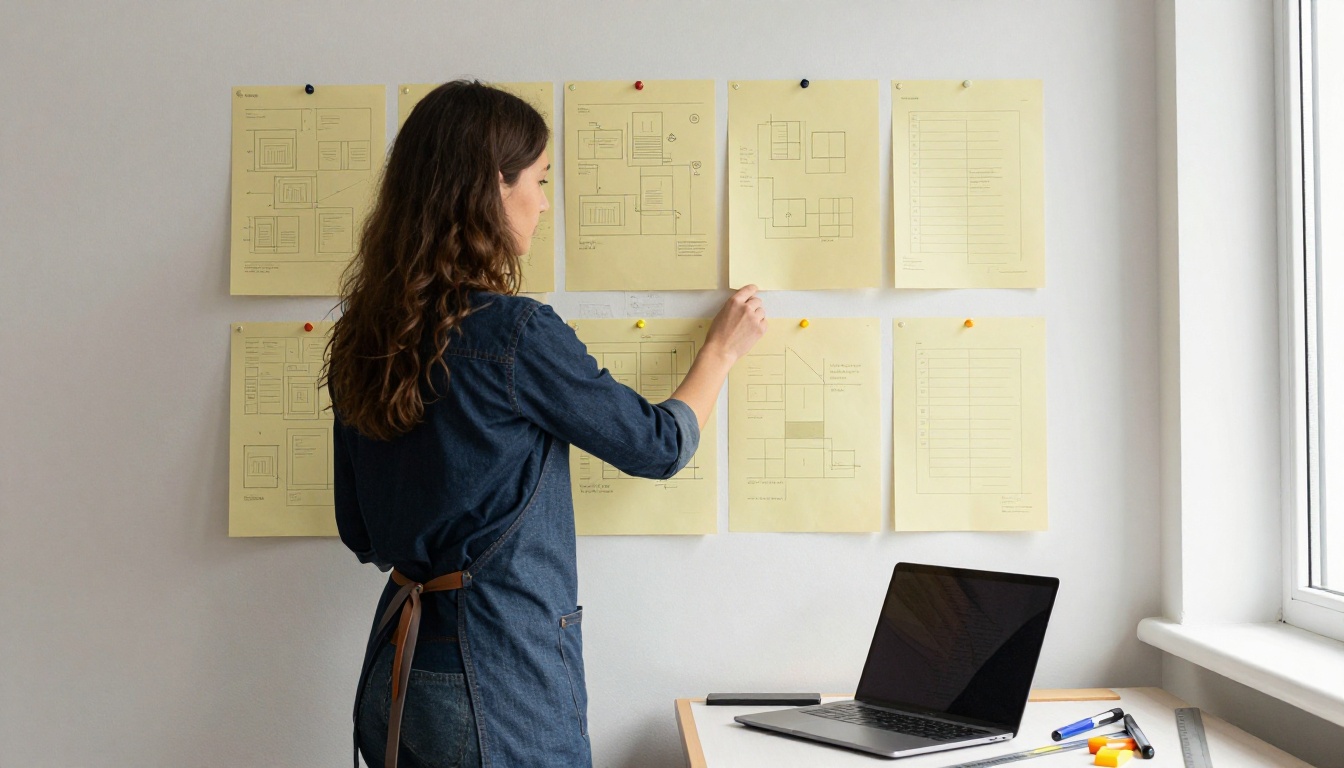UX designer pinning printed wireframes to a cork wall beside a laptop