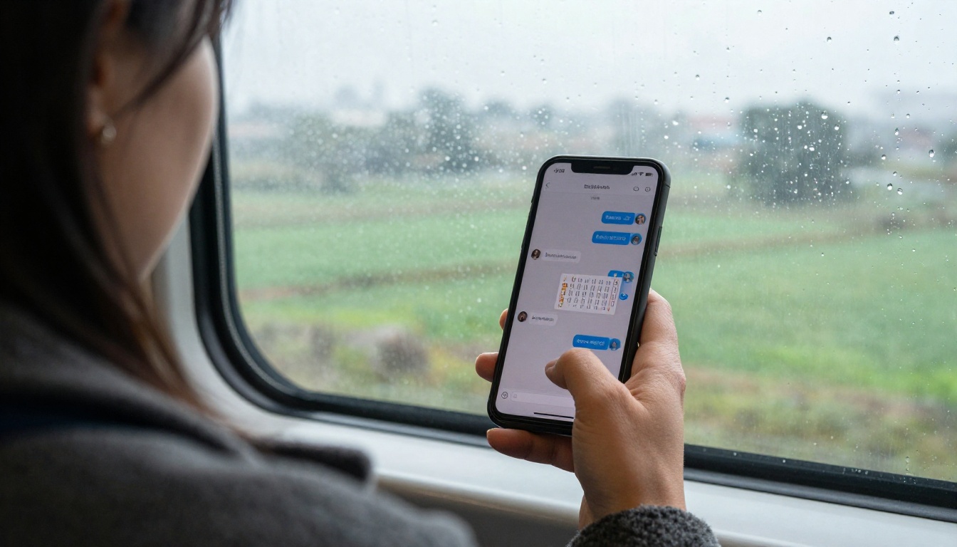 Commuter on a train holding a phone that shows a chat with a small chart inside