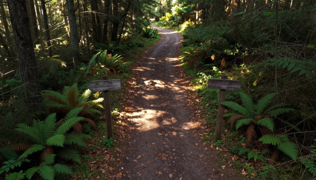 An aerial view of a forest trail splitting in two at a fork with blank wooden signposts