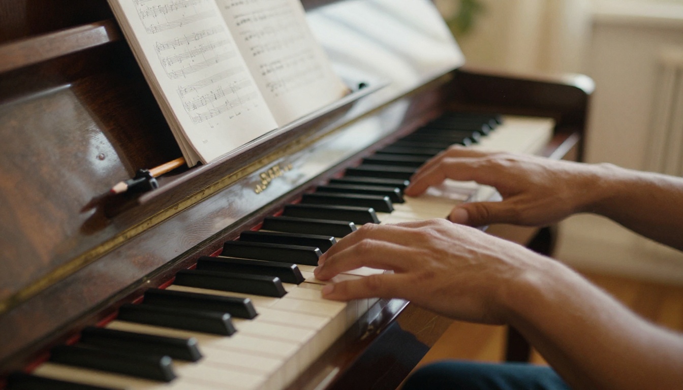 Pianist's hands near a piano with a laptop on the music stand showing sheet music