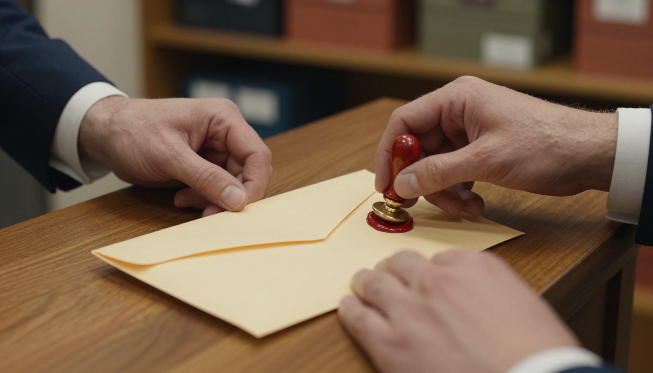 Two hands passing a cream envelope sealed with red wax across a walnut counter