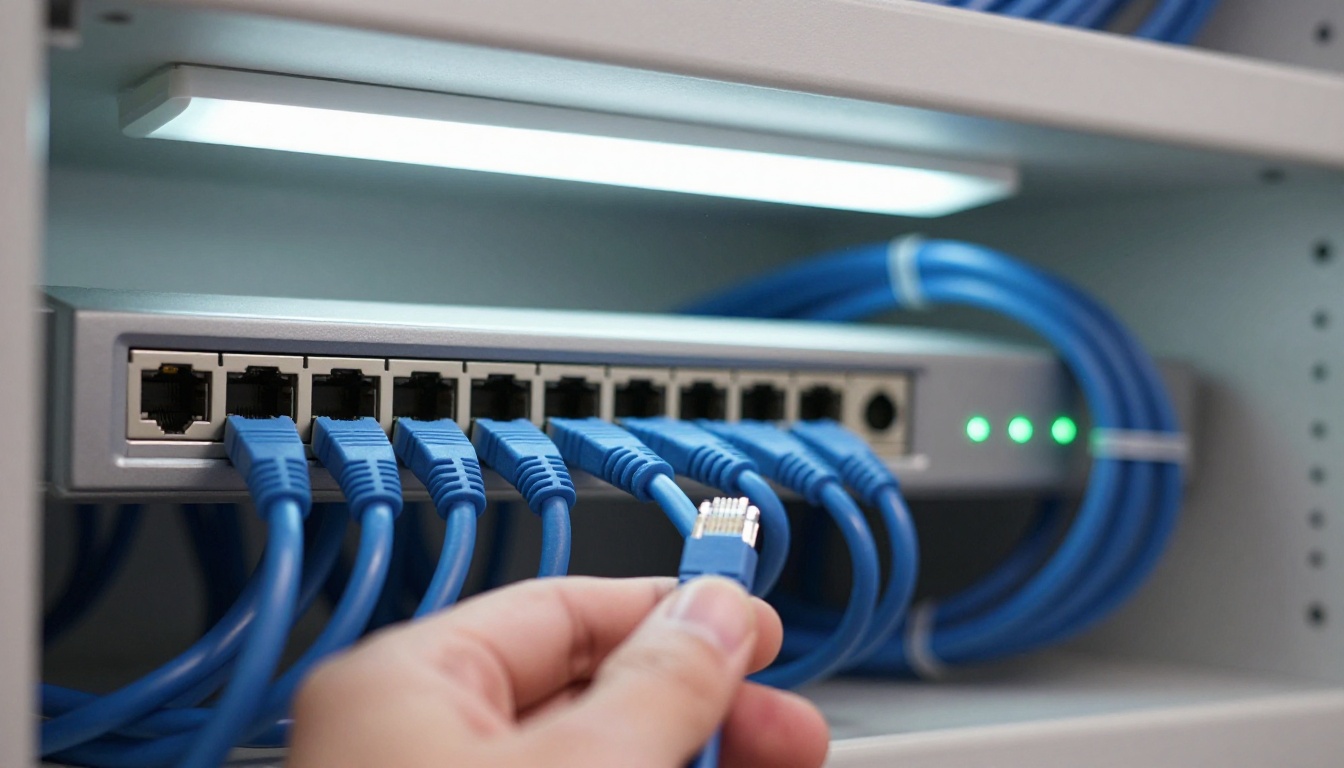 A hand plugging a blue ethernet cable straight into a router port in a tidy network closet