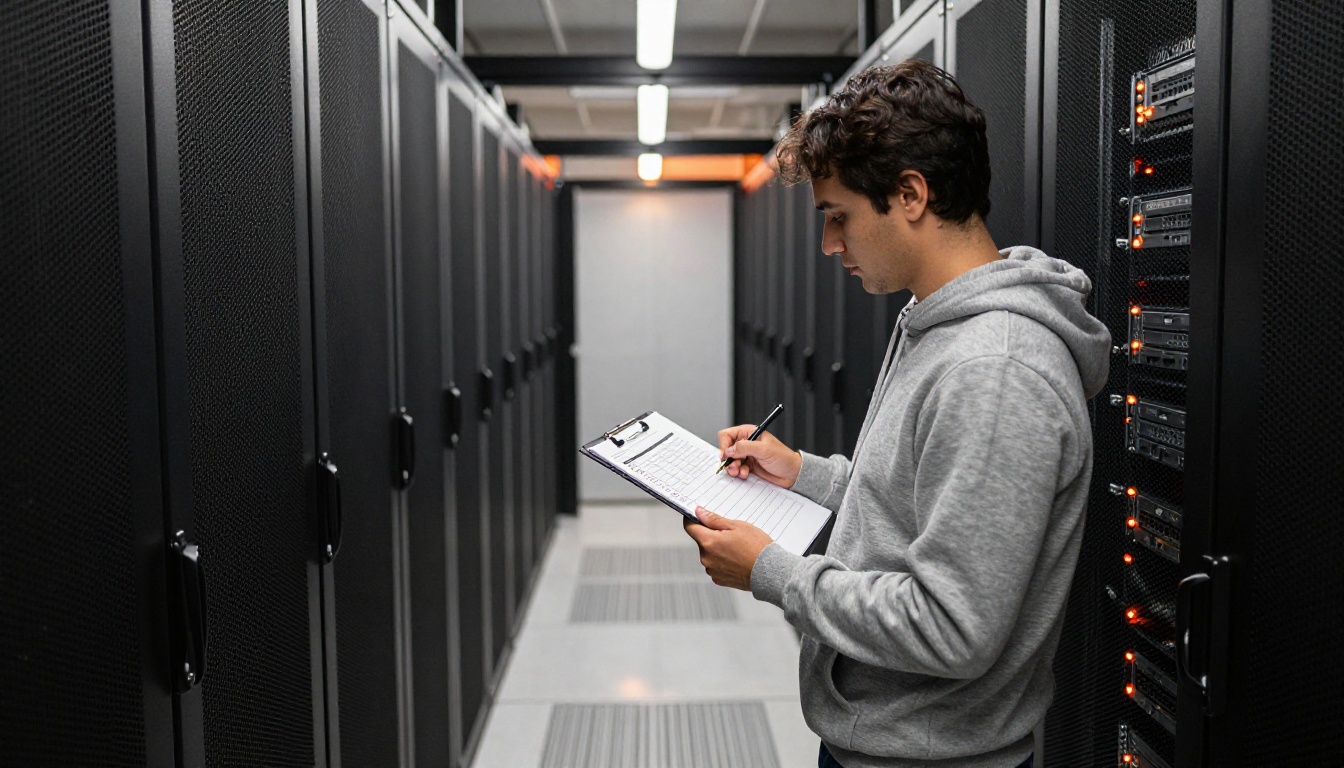 A technician holding a clipboard with a checklist in a server room aisle