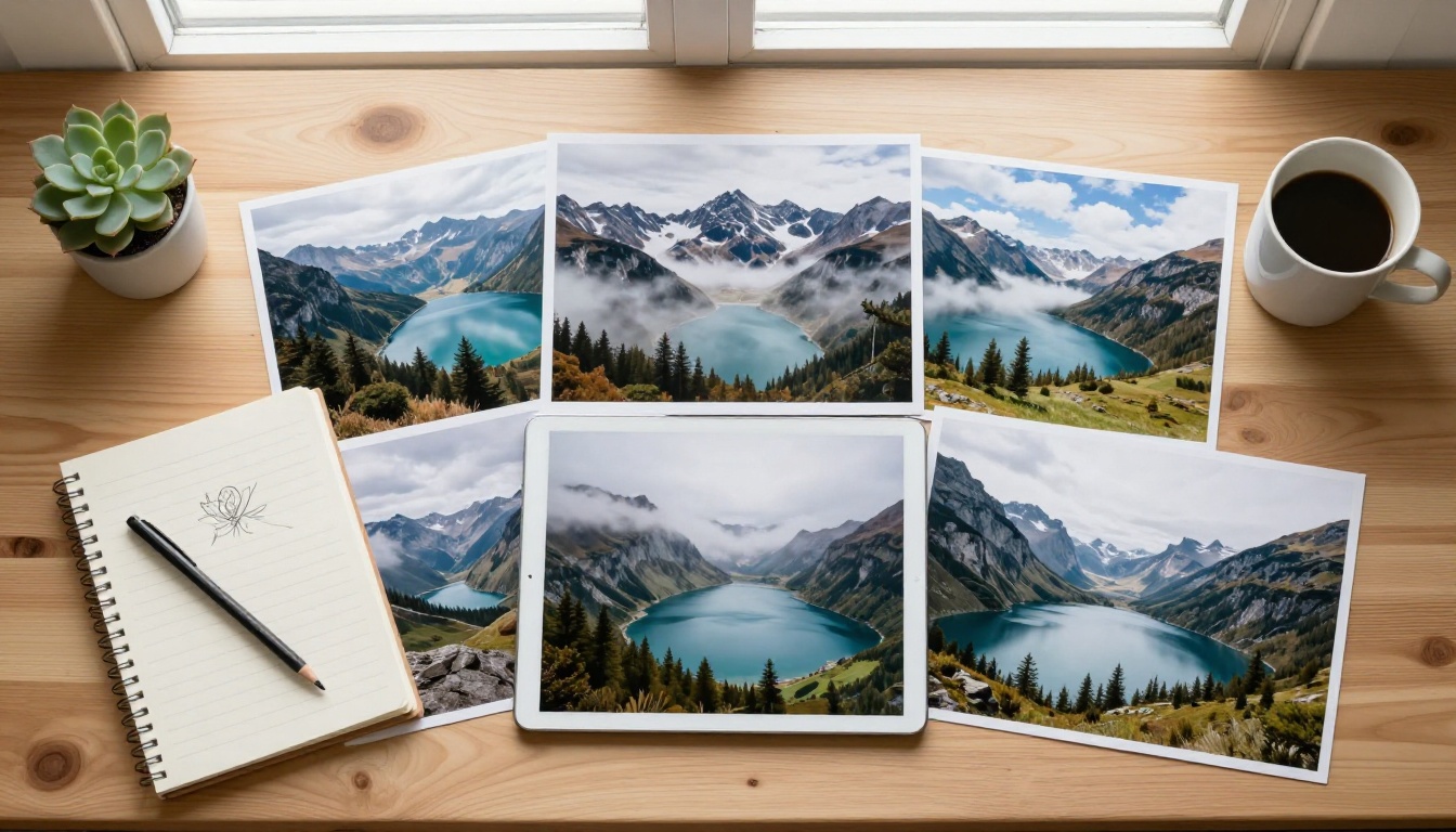 A creator's desk seen from above with printed mountain lake photographs and a tablet