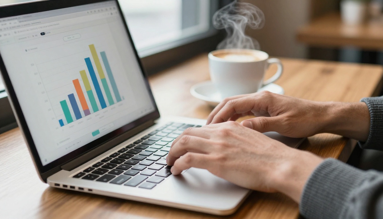 Developer hands typing on a slim laptop showing a colorful bar chart interface at a wooden cafe table
