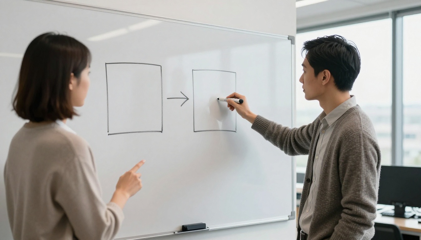 Two colleagues sketching two connected rectangles with a marker on a whiteboard in a bright office