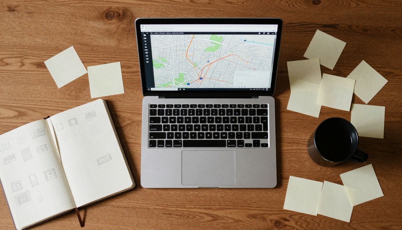 Aerial view of an oak desk with pencil wireframes, a laptop with a map interface and a tablet with a similar layout