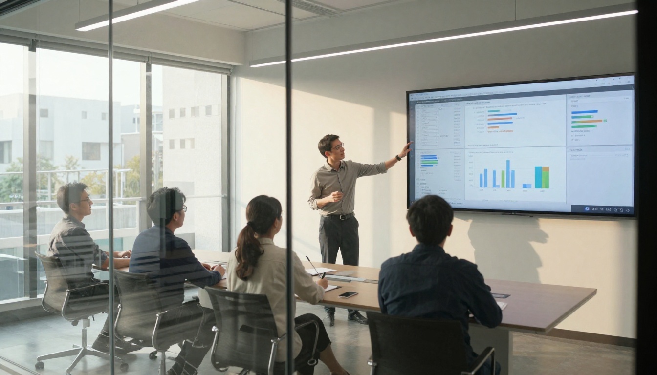 Presenter in a glass-walled meeting room beside a wall display showing a clean dashboard while colleagues watch