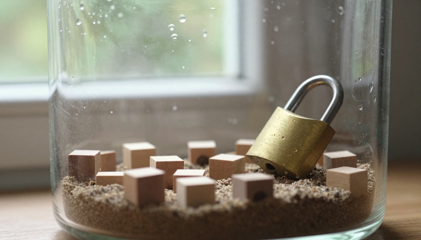 Macro close-up of a glass terrarium holding small wooden blocks and a brass padlock like a sandbox