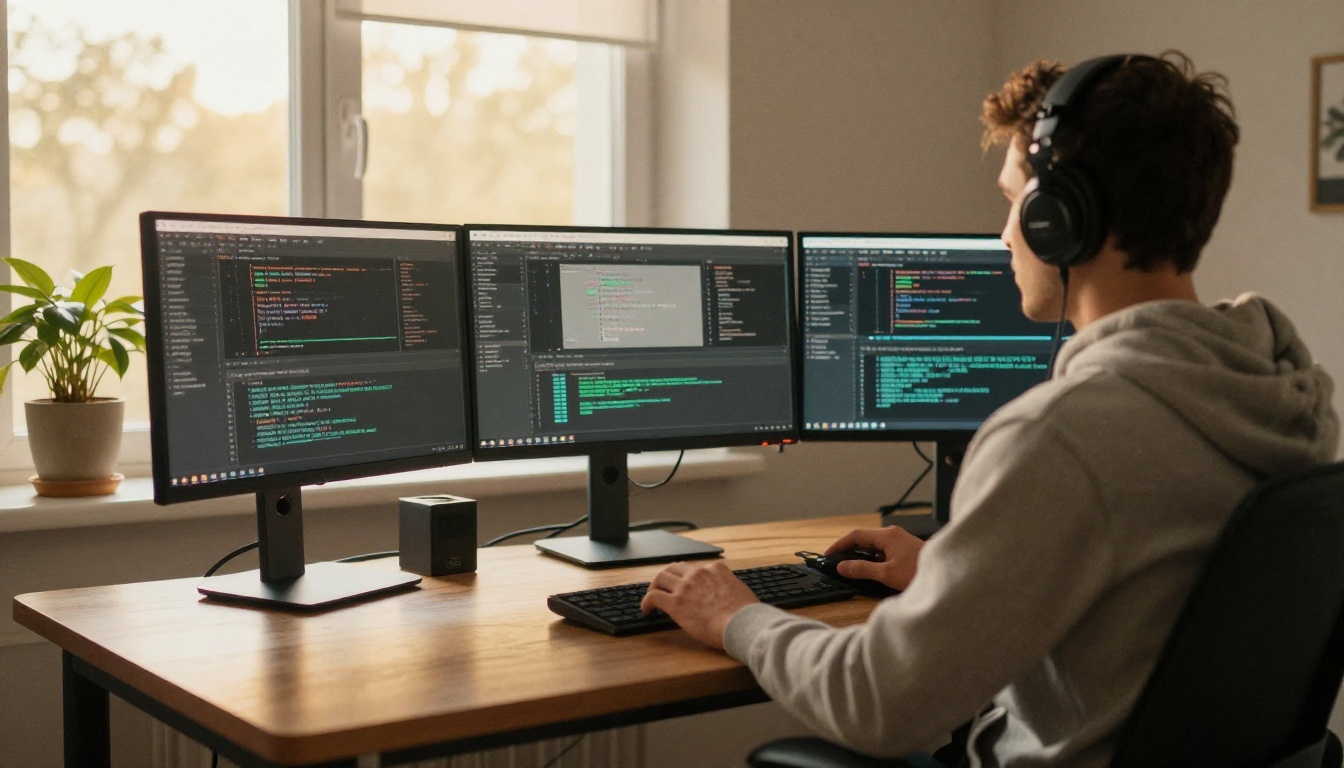 Developer seen from behind at a standing desk with three monitors showing code editors in muted tones