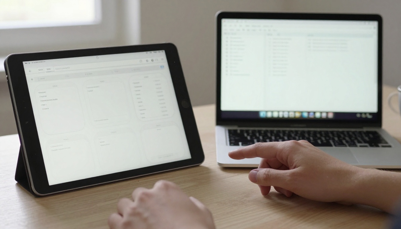 Tablet and laptop side by side on a pale wooden table showing nearly identical dashboard layouts
