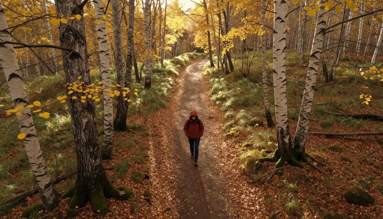 Aerial view of a hiking trail splitting in two through an autumn birch forest with a lone hiker at the fork