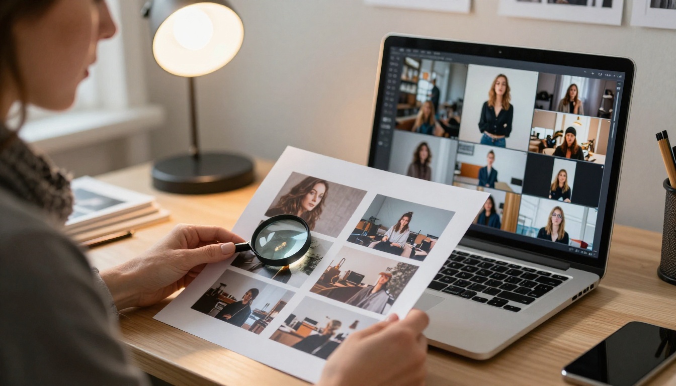 Woman at a studio desk reviewing a printed contact sheet with a loupe beside a laptop showing an image gallery grid