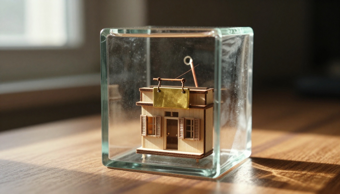 A small wooden model shop sealed inside a glass cube with one thin wire passing through, the picture of an MCP App in its sandbox