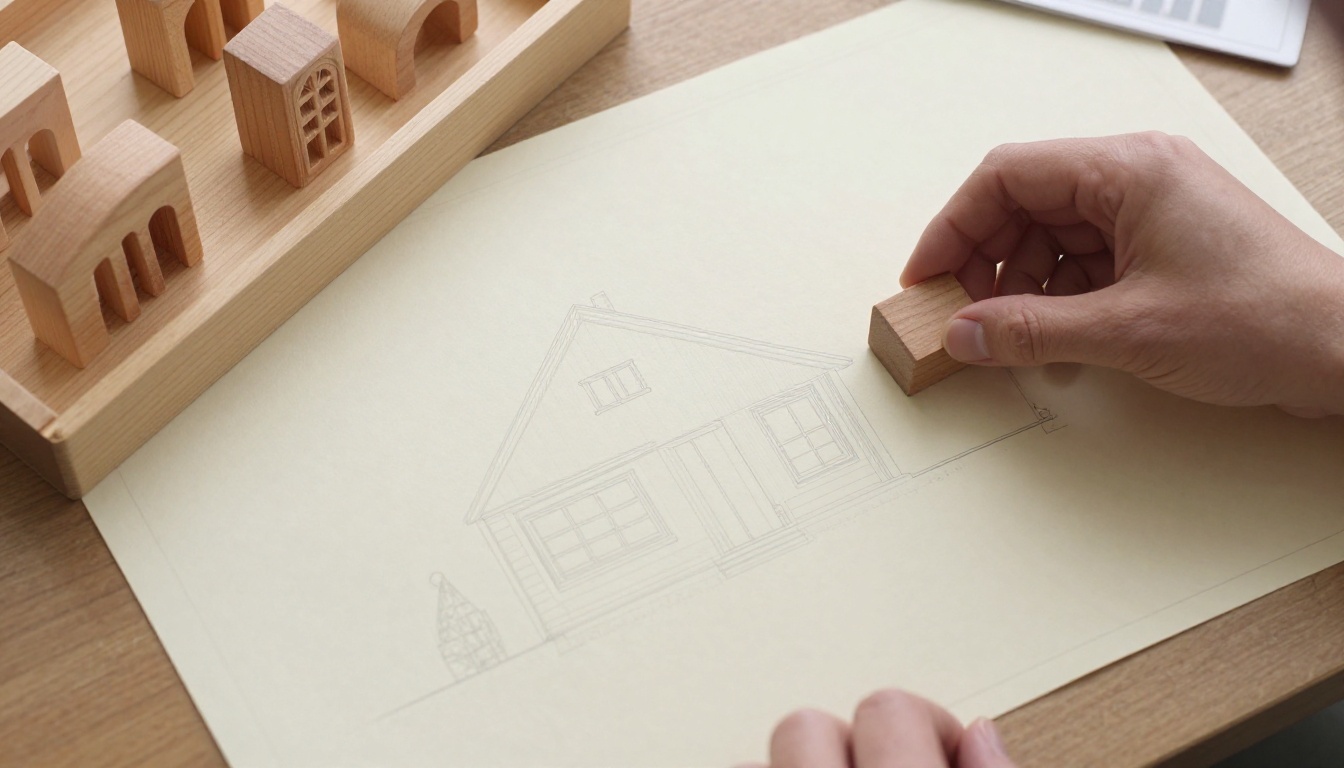 An architect's blueprint beside a tray of identical wooden parts, the picture of A2UI sending a plan and a client building from approved pieces