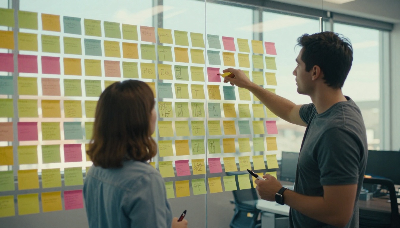 Two engineers at a wall of sticky notes sorting a decision grid, the picture of choosing an agent UI standard by job