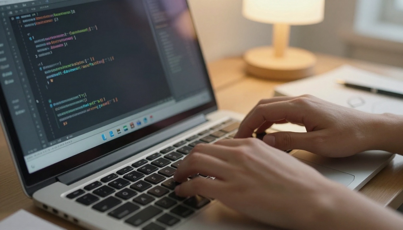 Hands typing at a laptop beside a notebook of sketched boxes and arrows, the picture of drafting a UI payload with a language model