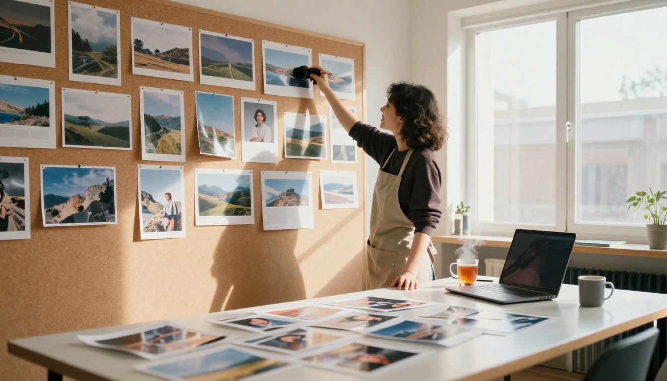 A designer pinning printed photographs to a cork wall in a bright studio, the picture of experimenting with generated images