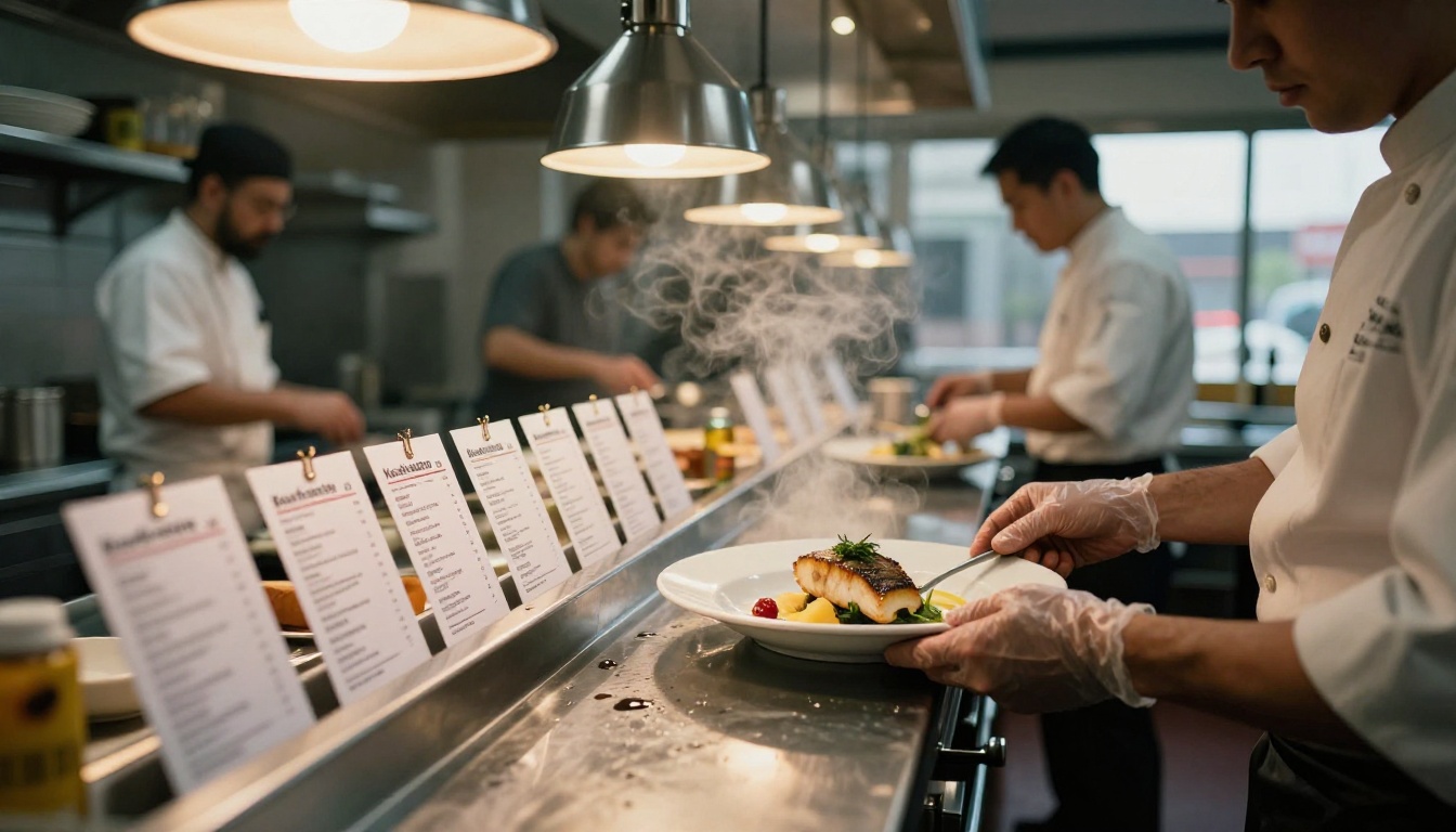 Paper order tickets clipped along a steel rail in a busy restaurant kitchen pass