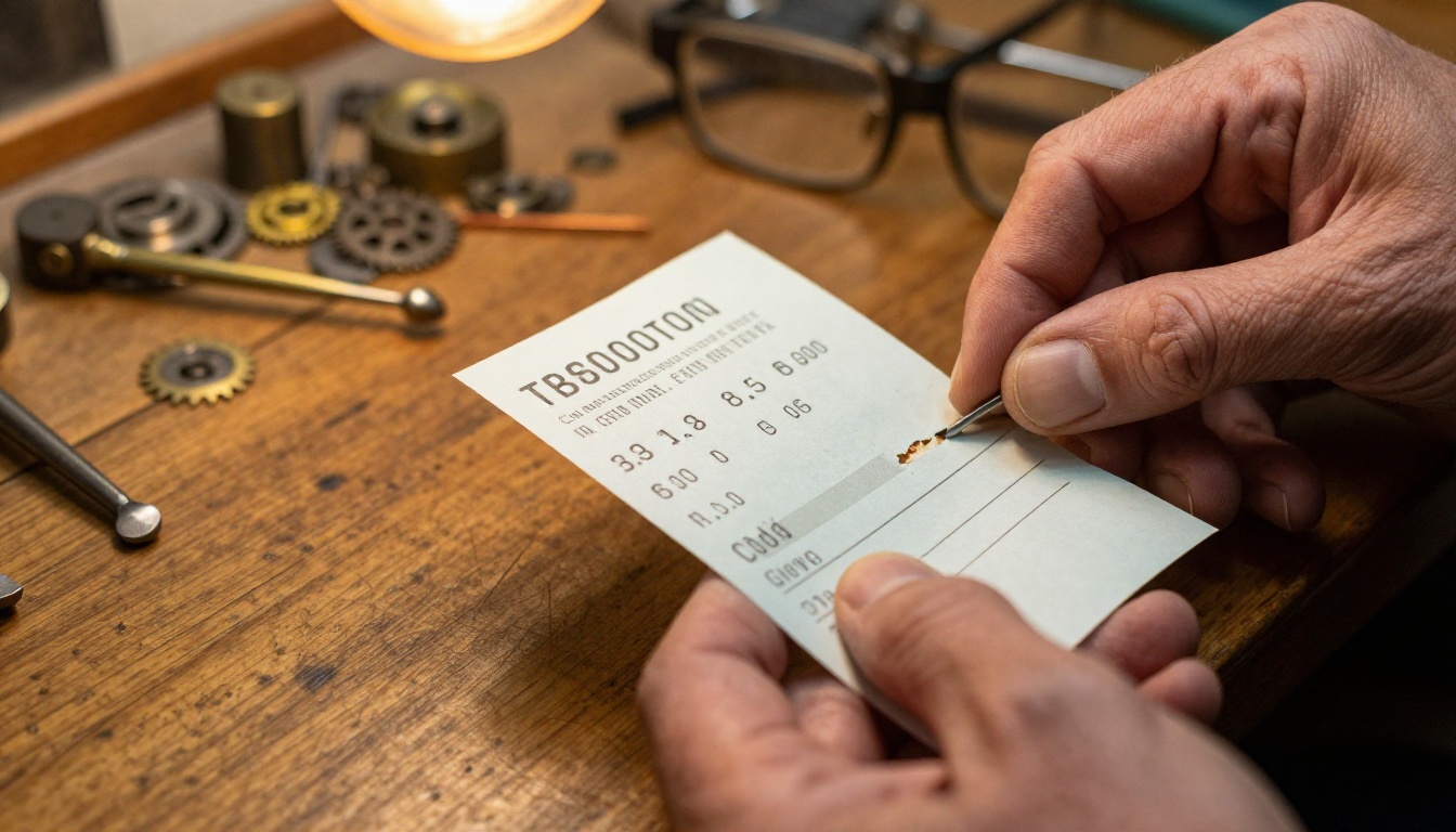A customer's hand receiving a numbered paper claim ticket over a wooden repair shop counter