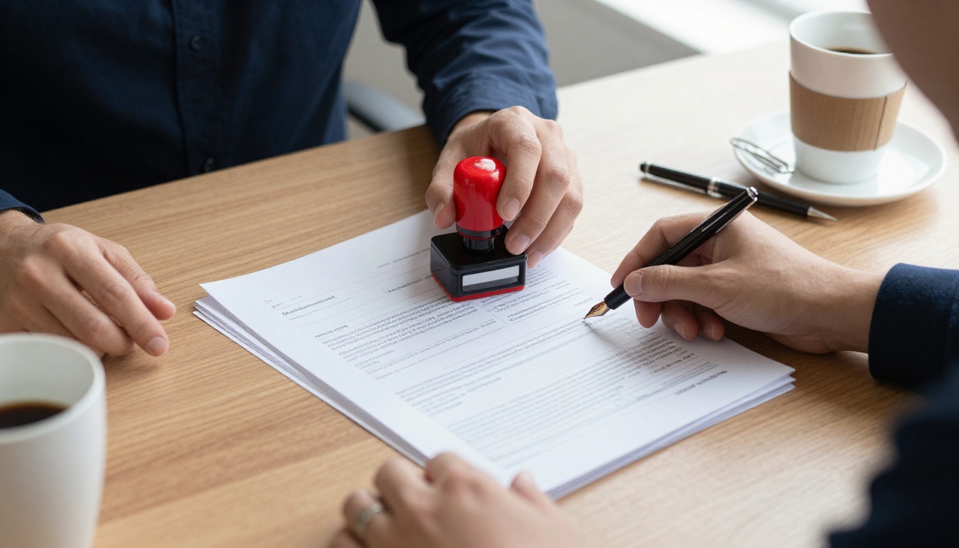 Overhead view of a manager's hands stamping an approval onto a stack of printed forms