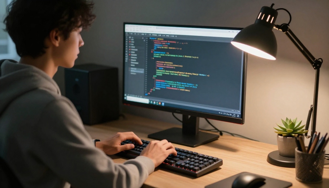 Side profile of a programmer typing in a dim home office at dusk