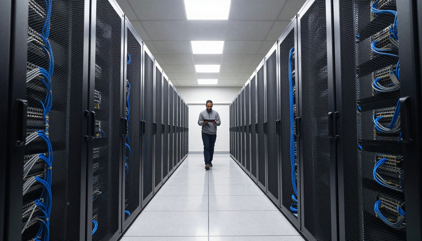 Symmetrical aisle between rows of black server racks inside a data center