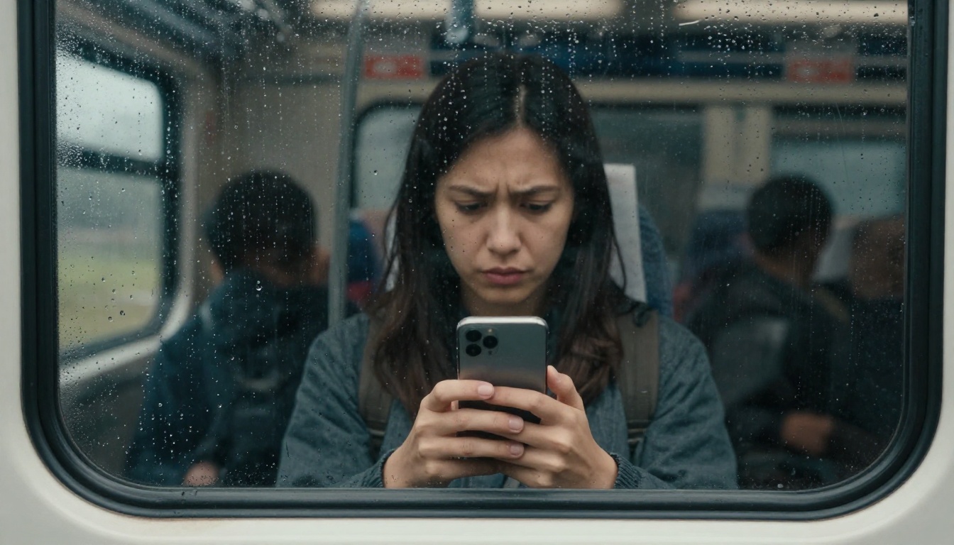 Commuter holding a smartphone on a rainy morning train