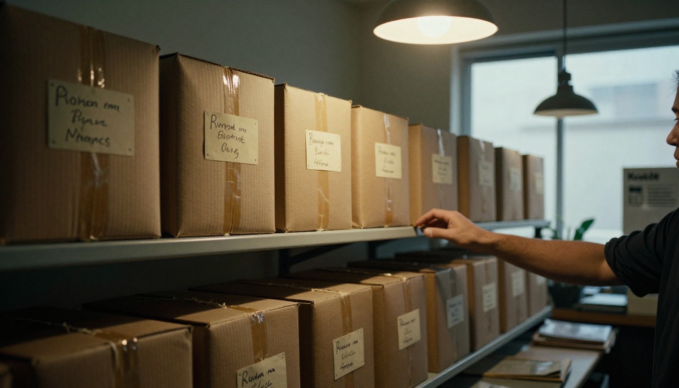 Shelf of brown cardboard parcels with handwritten labels in a post office back room