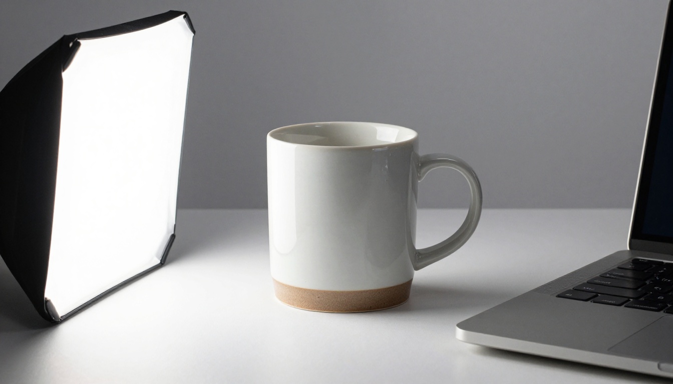 Product photographer's studio table with a ceramic mug on white paper and a laptop showing the cutout