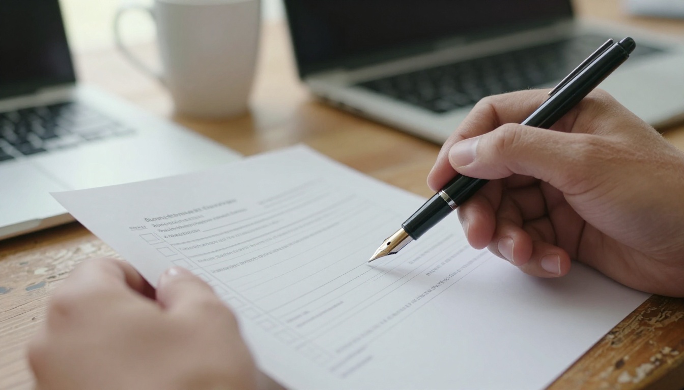 Hands holding a paper form and a fountain pen over an oak desk