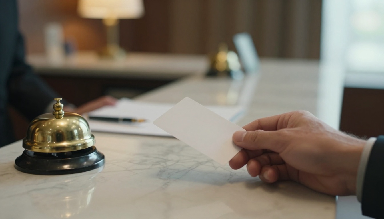 Hotel receptionist sliding a plain room card across a marble counter to a guest