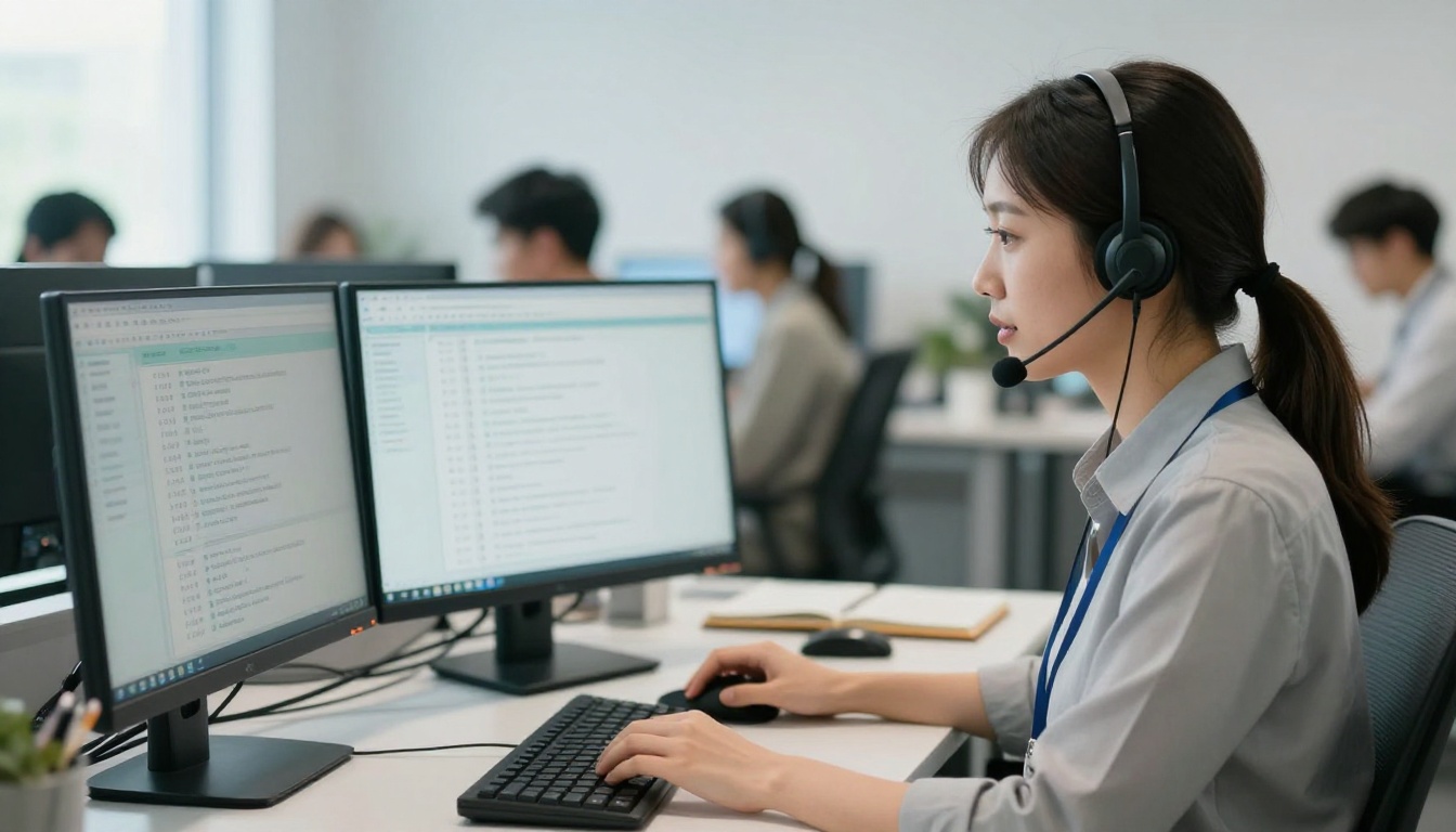 Customer support agent with a headset at a desk with two monitors
