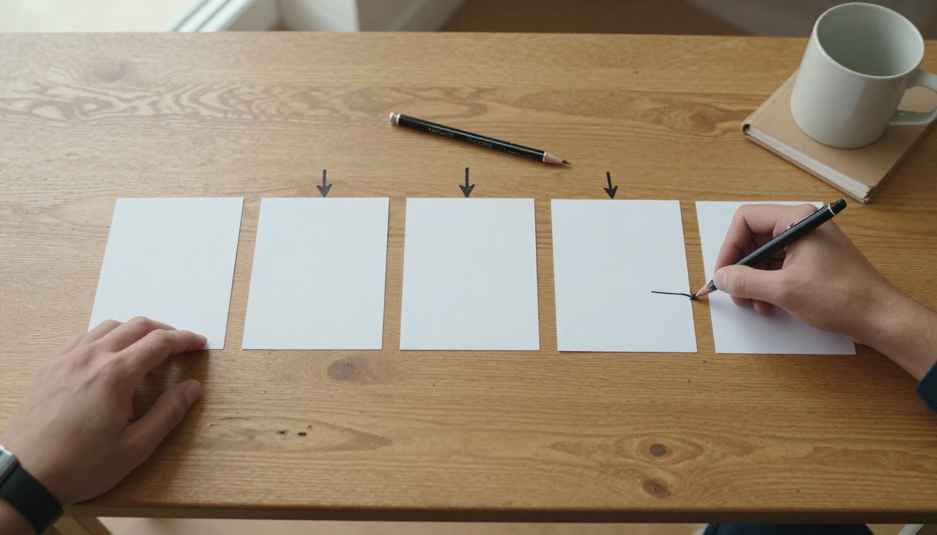 Developer arranging five index cards with hand drawn arrows on an oak table