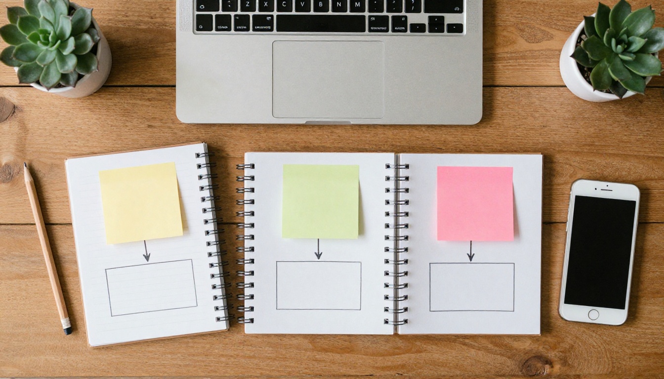 Overhead view of a desk with a laptop, notebook arrows and sticky notes in sequence