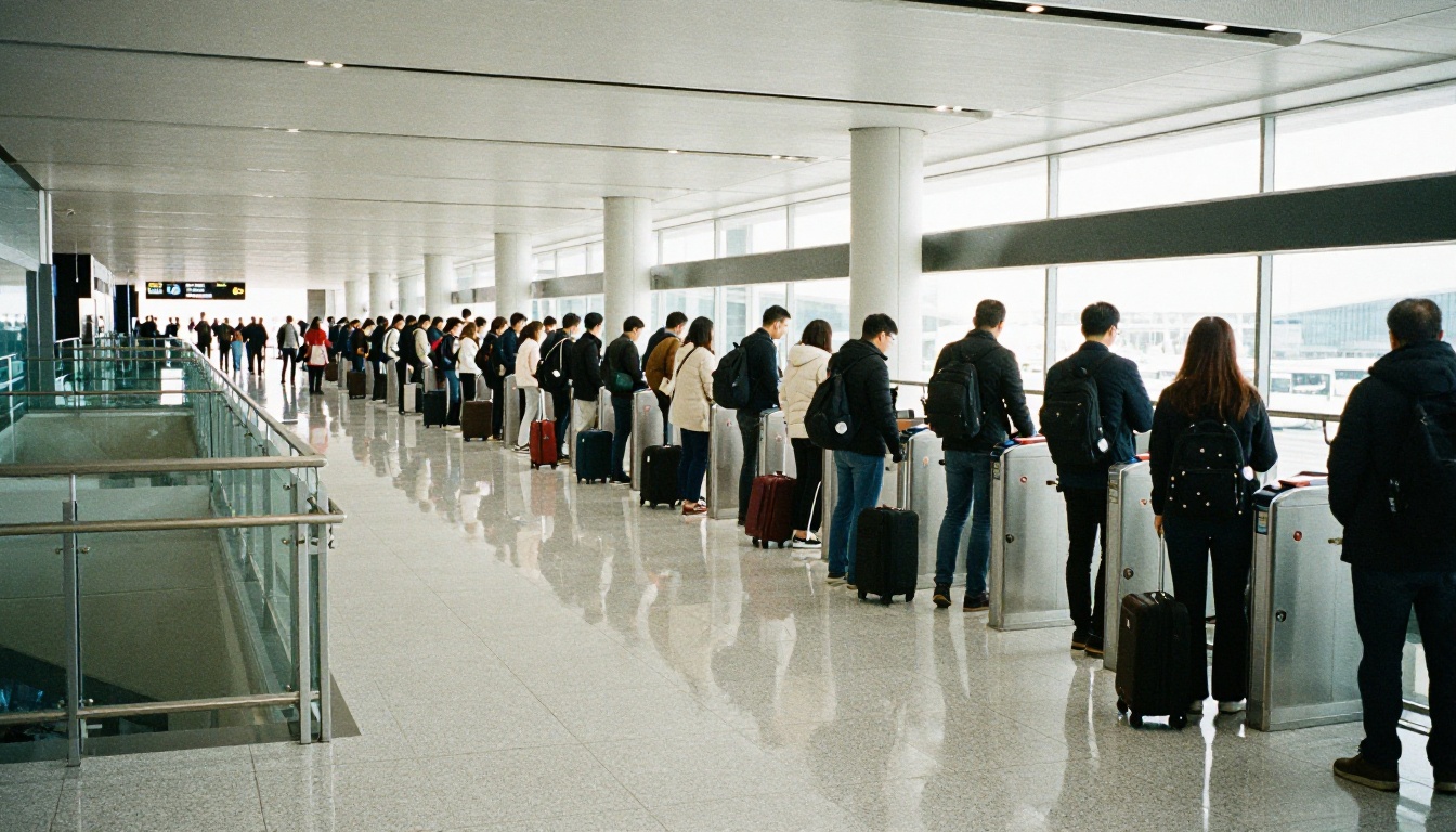 Travelers queuing at a row of identical airport e-gates under a glass ceiling