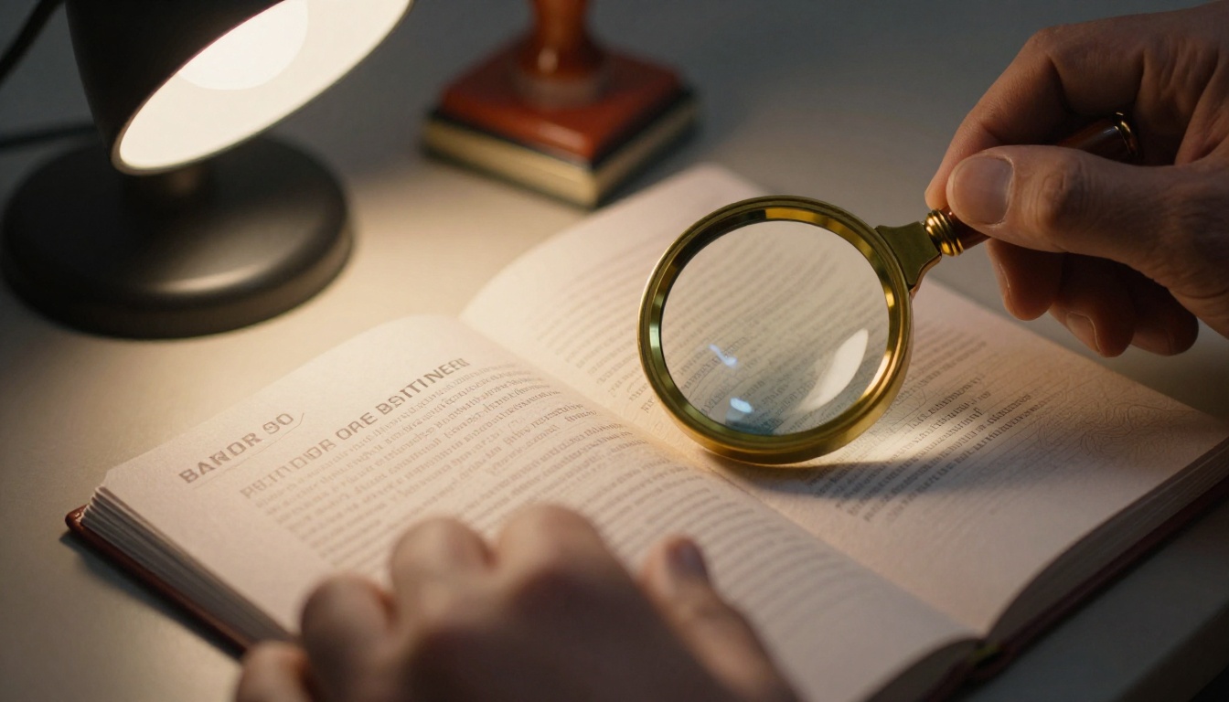 Border officer inspecting a passport page under a desk lamp with a loupe