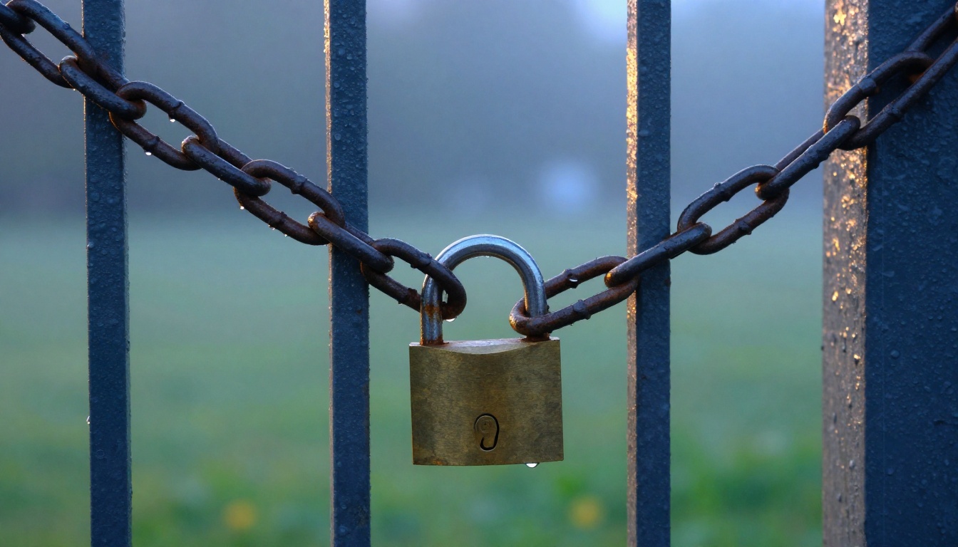 Brass padlock and steel chain on an old iron gate at dawn