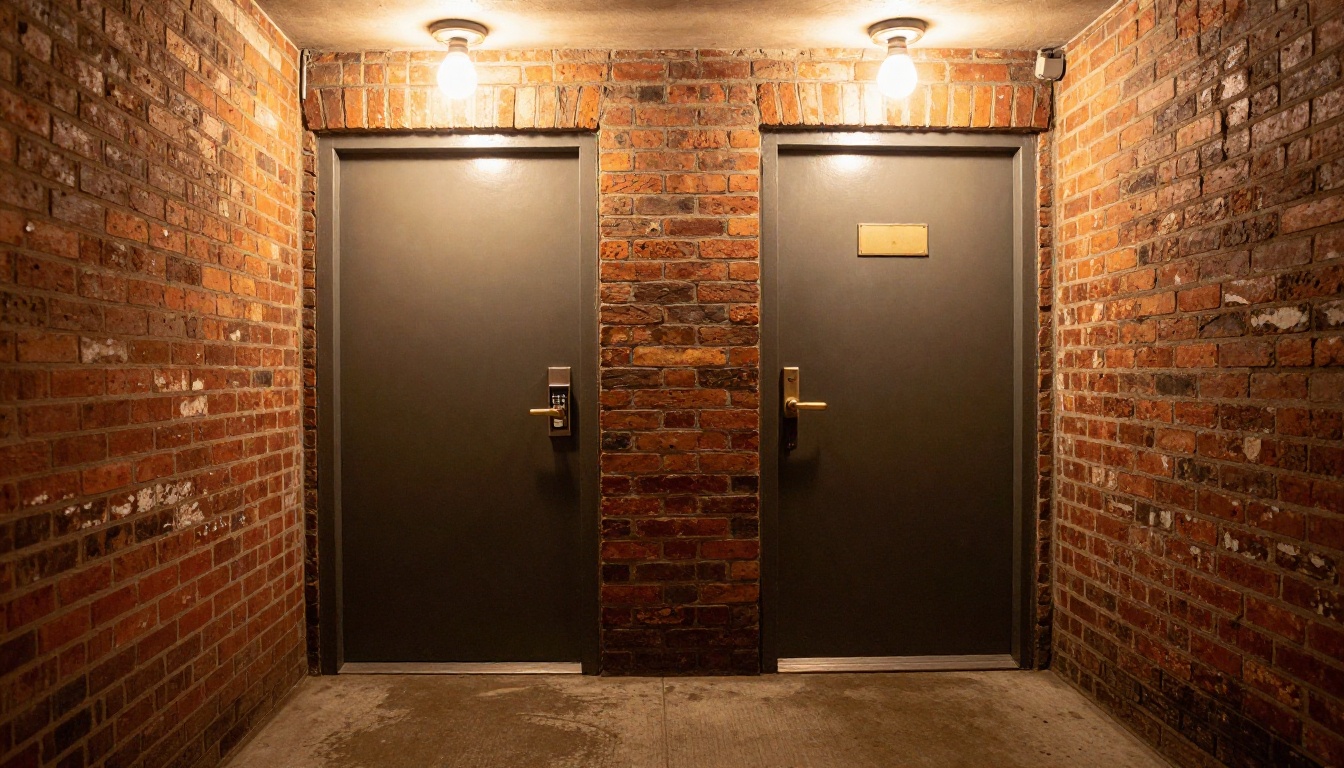 Two matching doors in a brick corridor, one with a numeric lock and one with a name plate