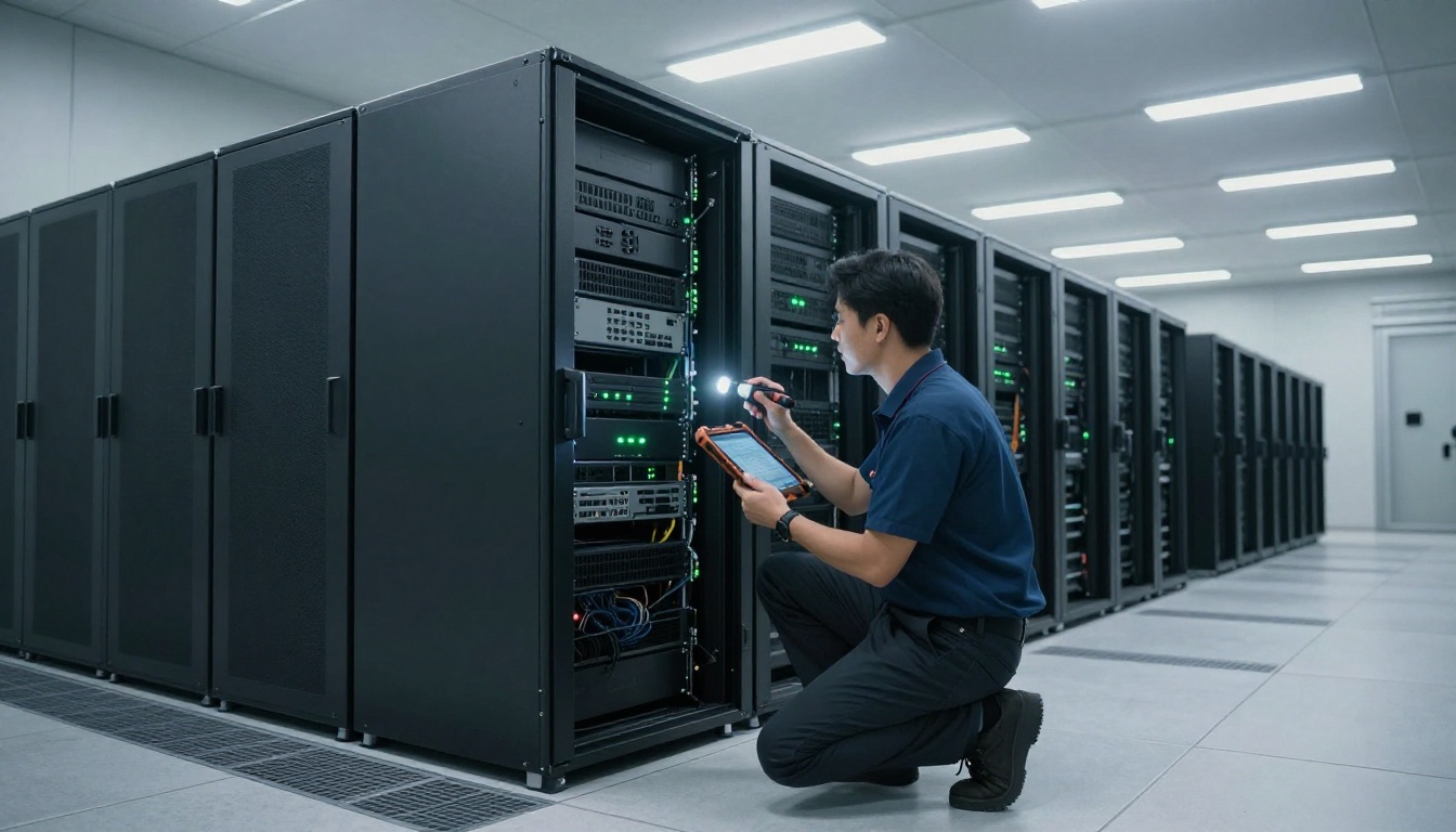 Technician inspecting a server rack in a data center aisle with a flashlight