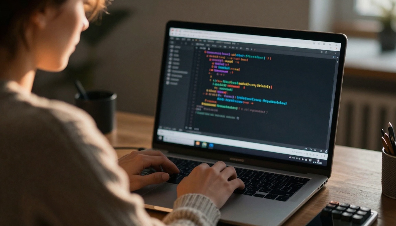 Software developer typing at a laptop in a quiet loft office